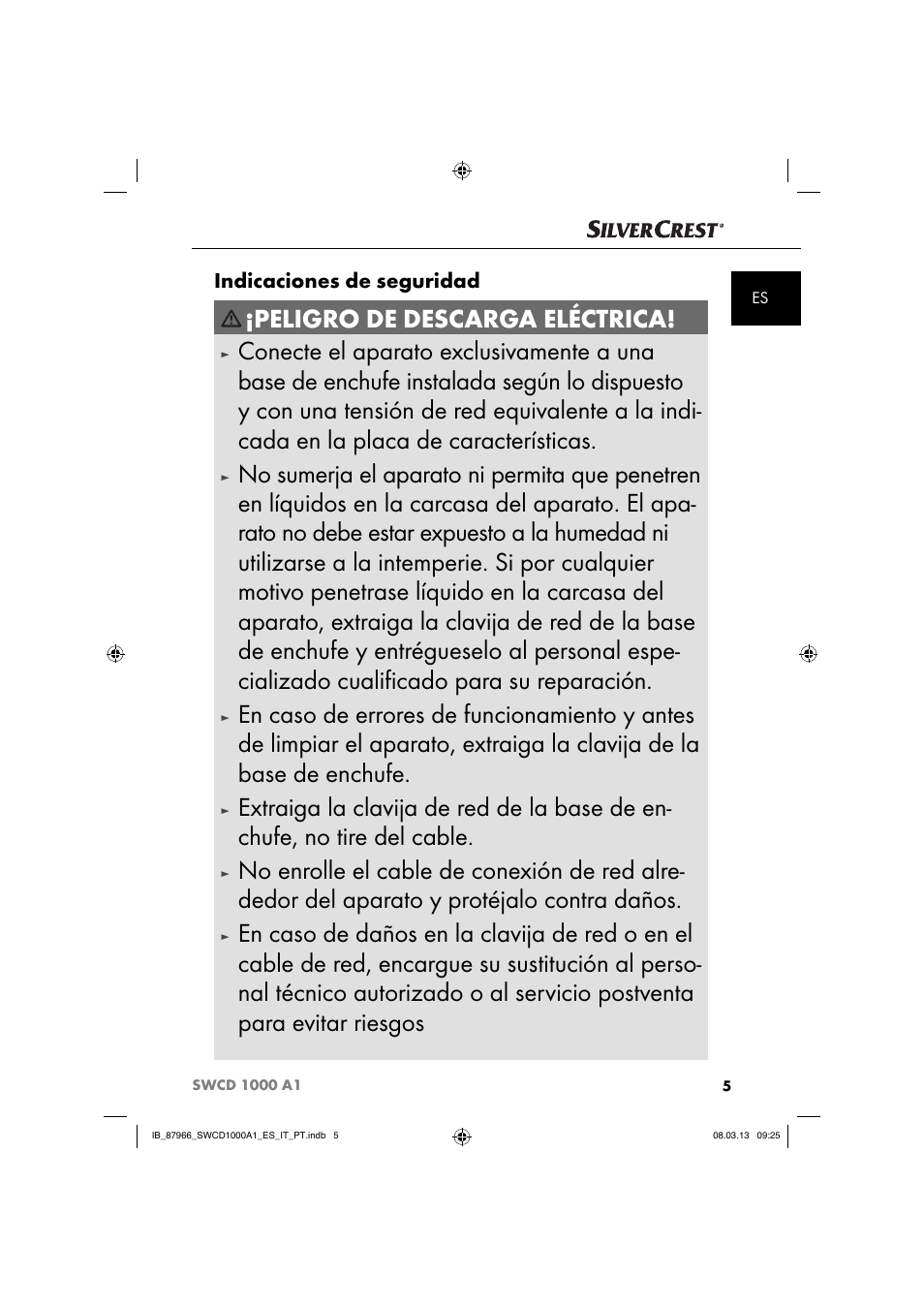 Peligro de descarga eléctrica, Indicaciones de seguridad | Silvercrest SWCD 1000 A1 User Manual | Page 8 / 74