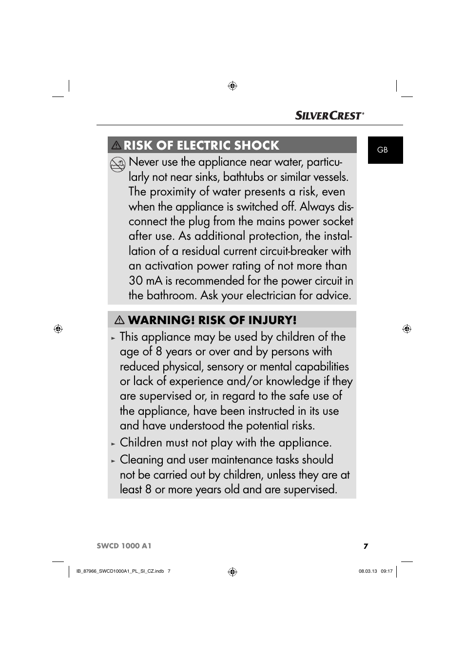 Children must not play with the appliance, Warning! risk of injury | Silvercrest SWCD 1000 A1 User Manual | Page 10 / 76