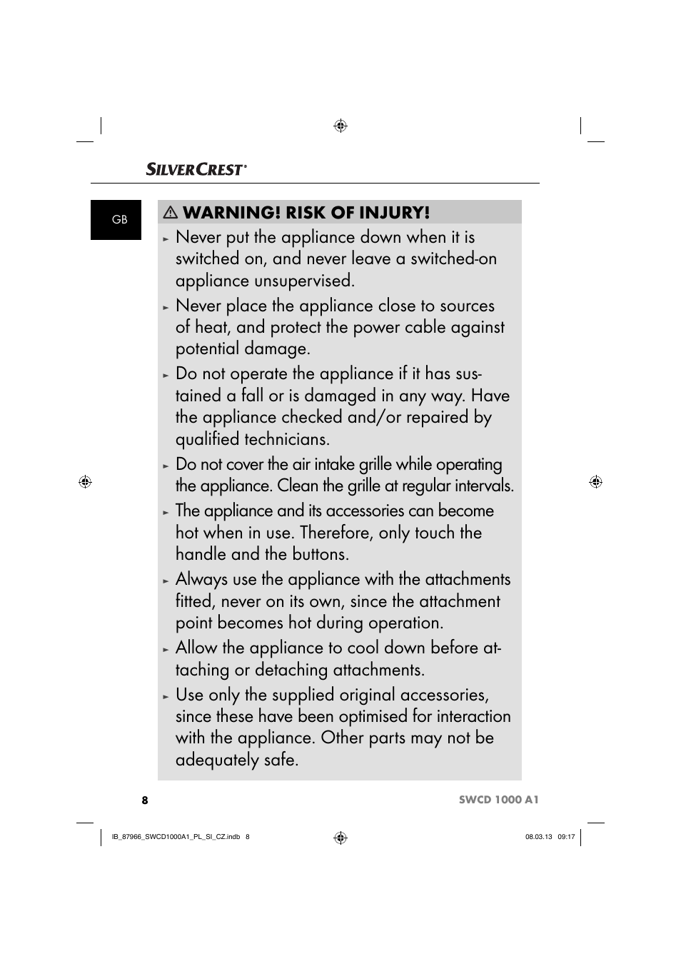 Warning! risk of injury | Silvercrest SWCD 1000 A1 User Manual | Page 11 / 76