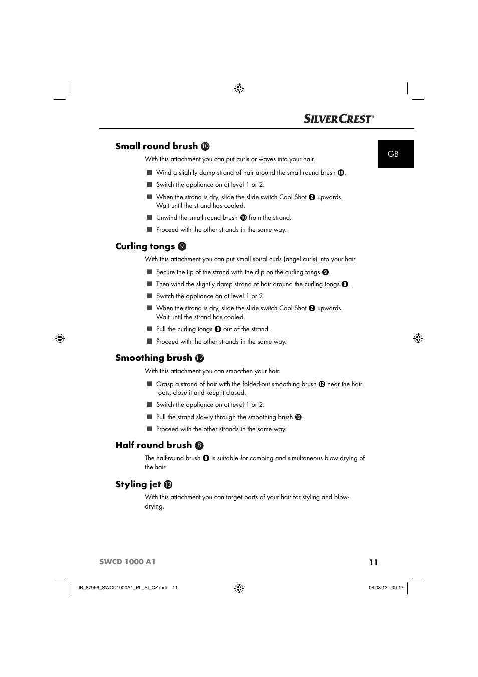 Small round brush, Curling tongs, Smoothing brush | Half round brush, Styling jet | Silvercrest SWCD 1000 A1 User Manual | Page 14 / 76