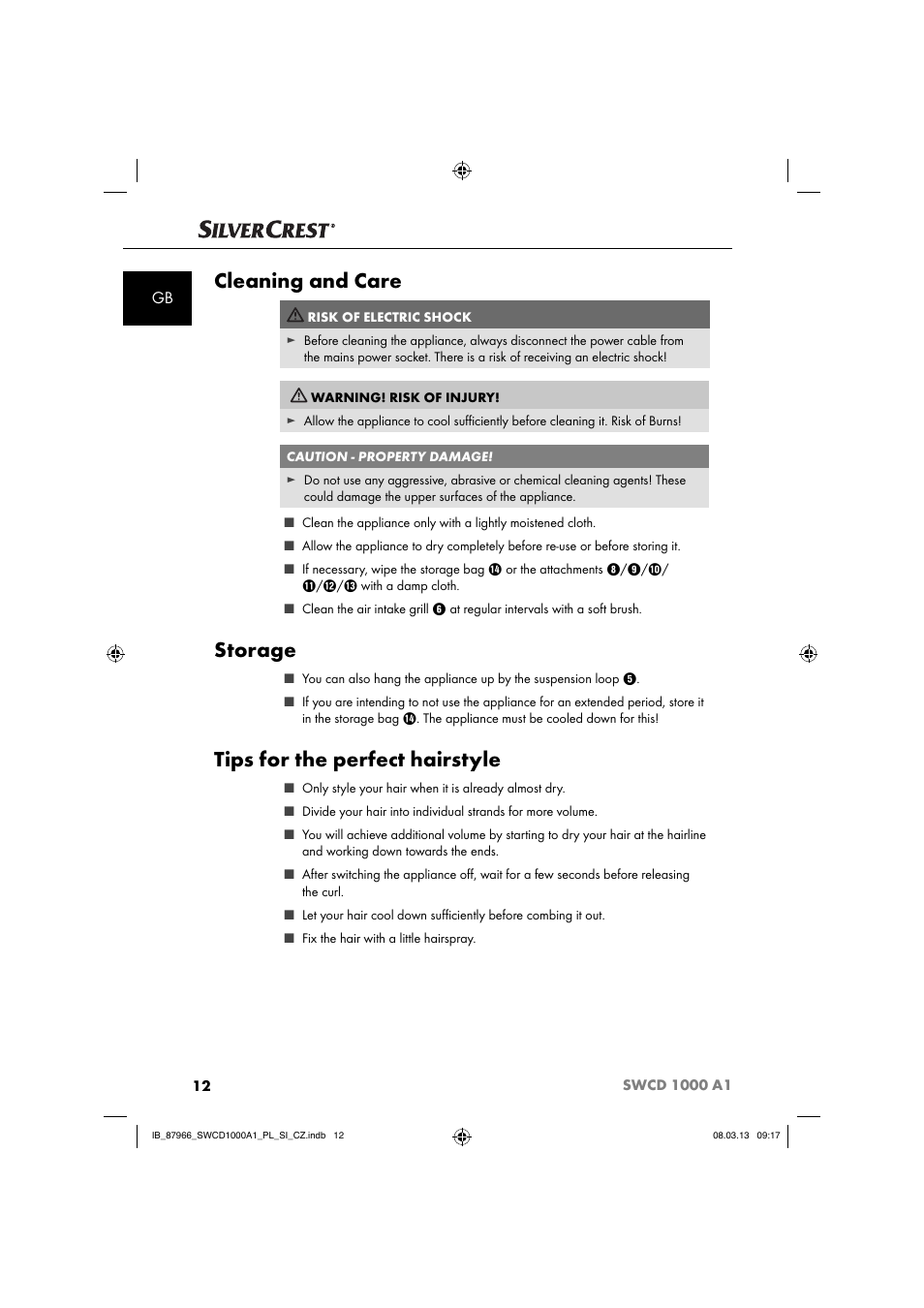 Cleaning and care, Storage, Tips for the perfect hairstyle | Silvercrest SWCD 1000 A1 User Manual | Page 15 / 76
