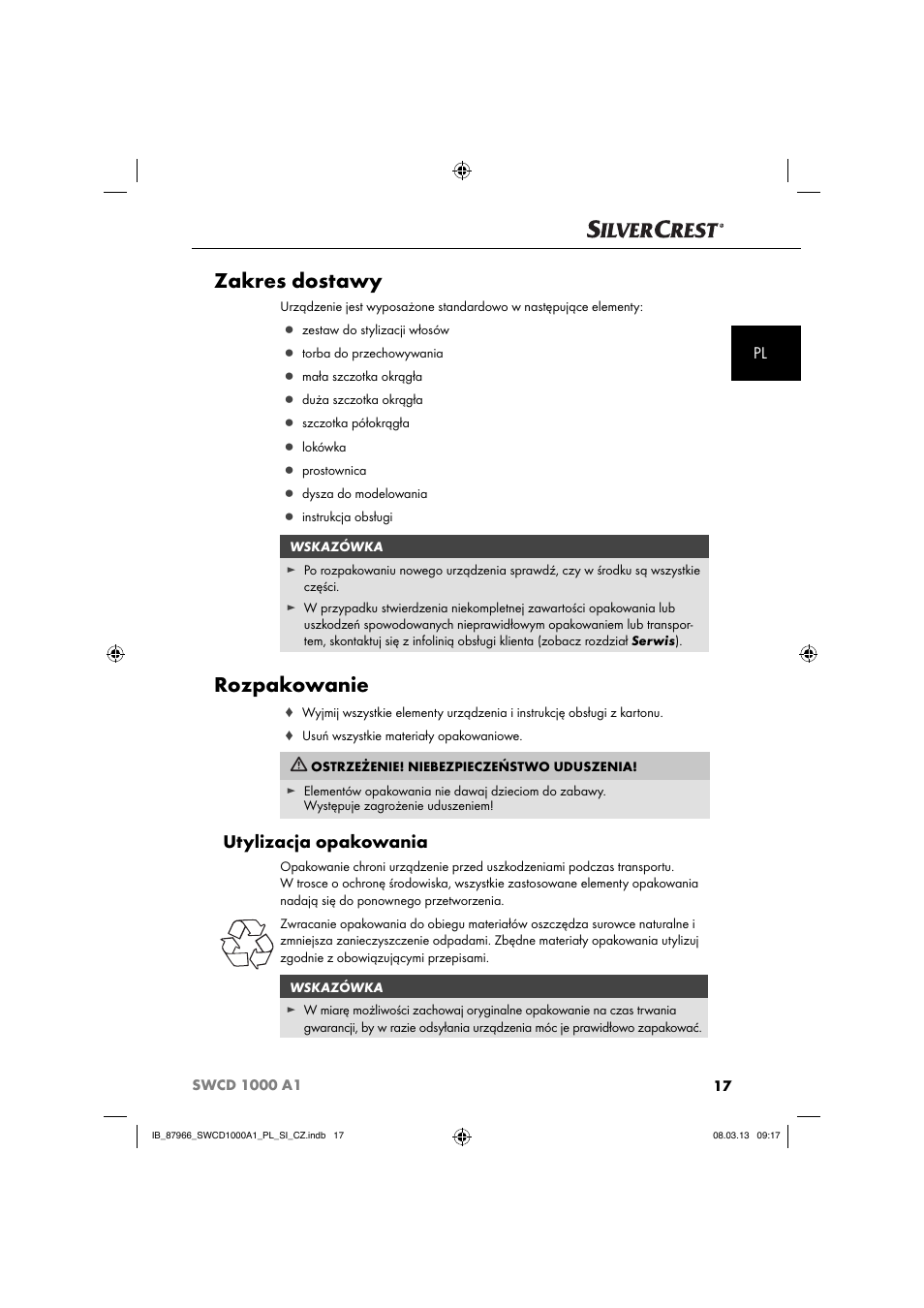 Zakres dostawy, Rozpakowanie, Utylizacja opakowania | Silvercrest SWCD 1000 A1 User Manual | Page 20 / 76
