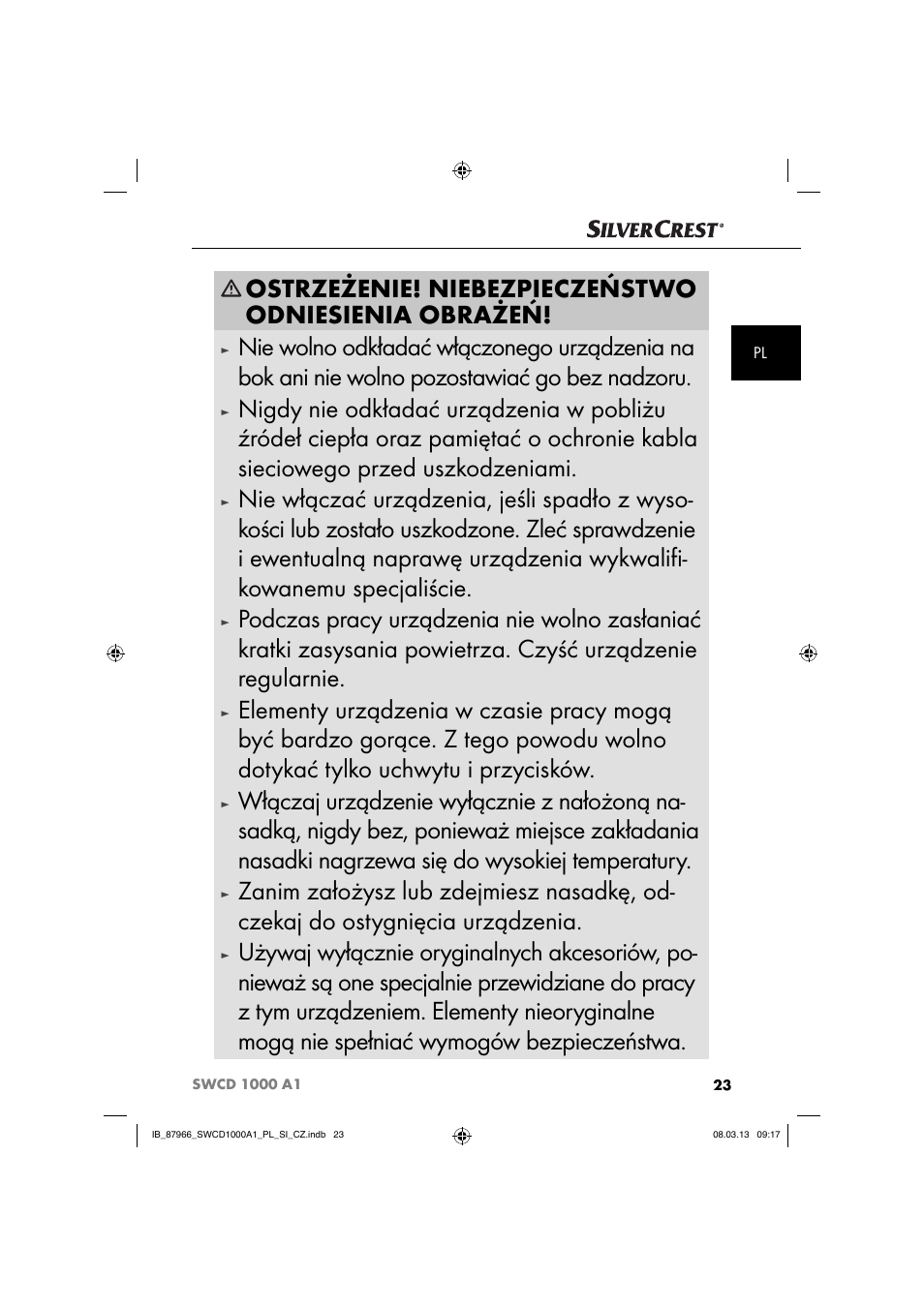 Ostrzeżenie! niebezpieczeństwo odniesienia obrażeń | Silvercrest SWCD 1000 A1 User Manual | Page 26 / 76