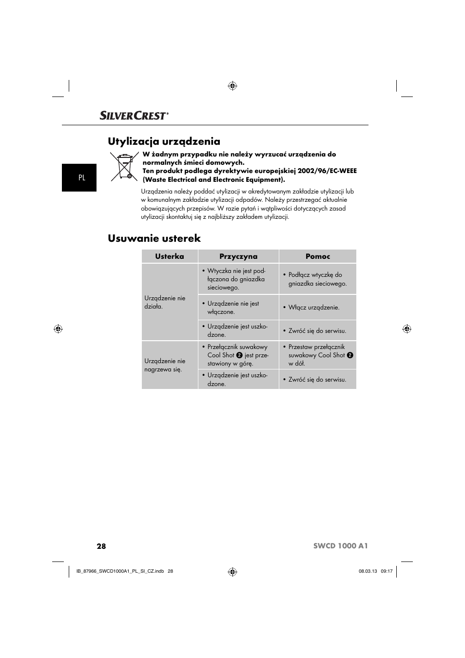 Utylizacja urządzenia, Usuwanie usterek | Silvercrest SWCD 1000 A1 User Manual | Page 31 / 76