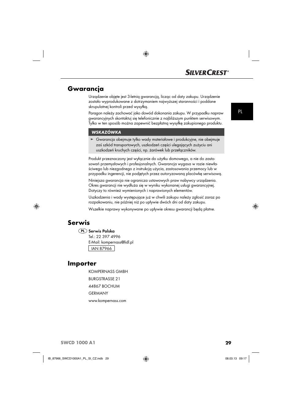 Gwarancja, Serwis, Importer | Silvercrest SWCD 1000 A1 User Manual | Page 32 / 76