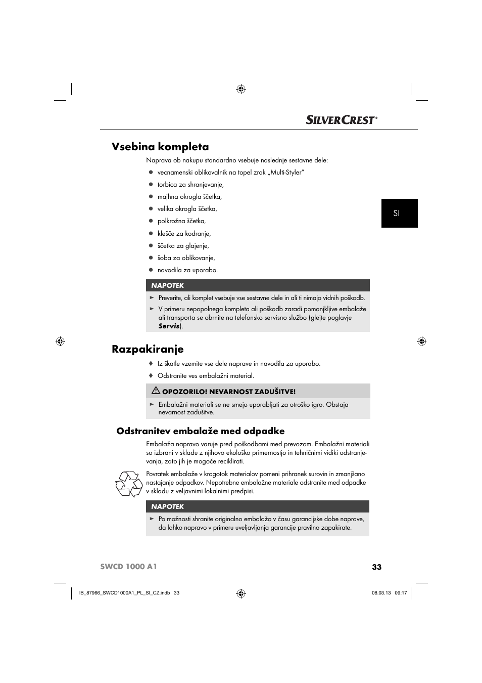 Vsebina kompleta, Razpakiranje, Odstranitev embalaže med odpadke | Silvercrest SWCD 1000 A1 User Manual | Page 36 / 76