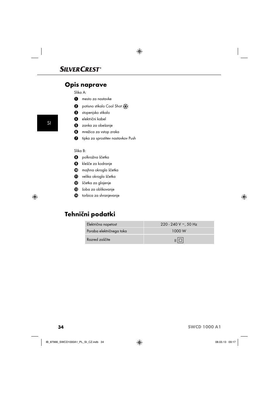 Opis naprave, Tehnični podatki | Silvercrest SWCD 1000 A1 User Manual | Page 37 / 76