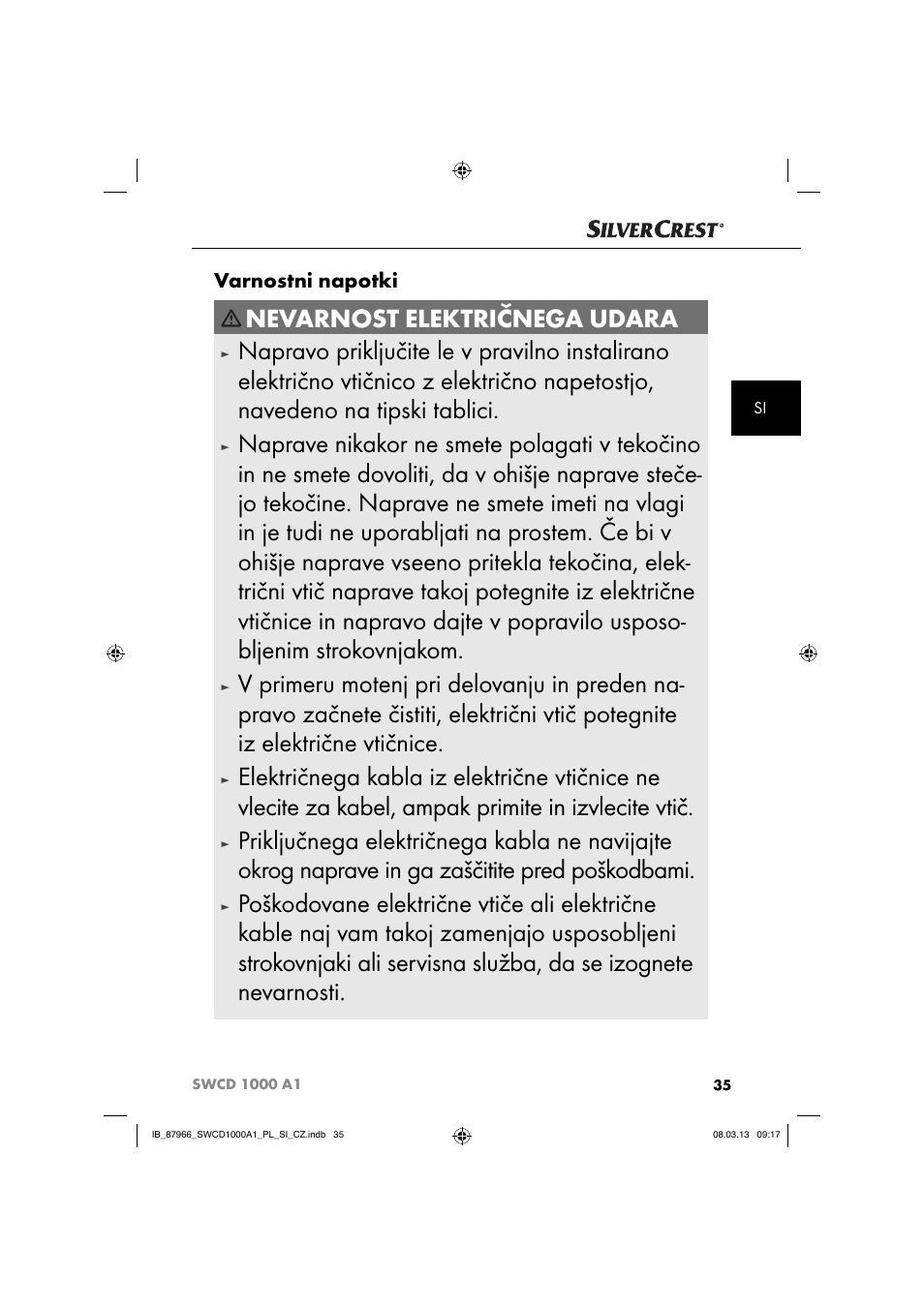 Nevarnost električnega udara, Varnostni napotki | Silvercrest SWCD 1000 A1 User Manual | Page 38 / 76