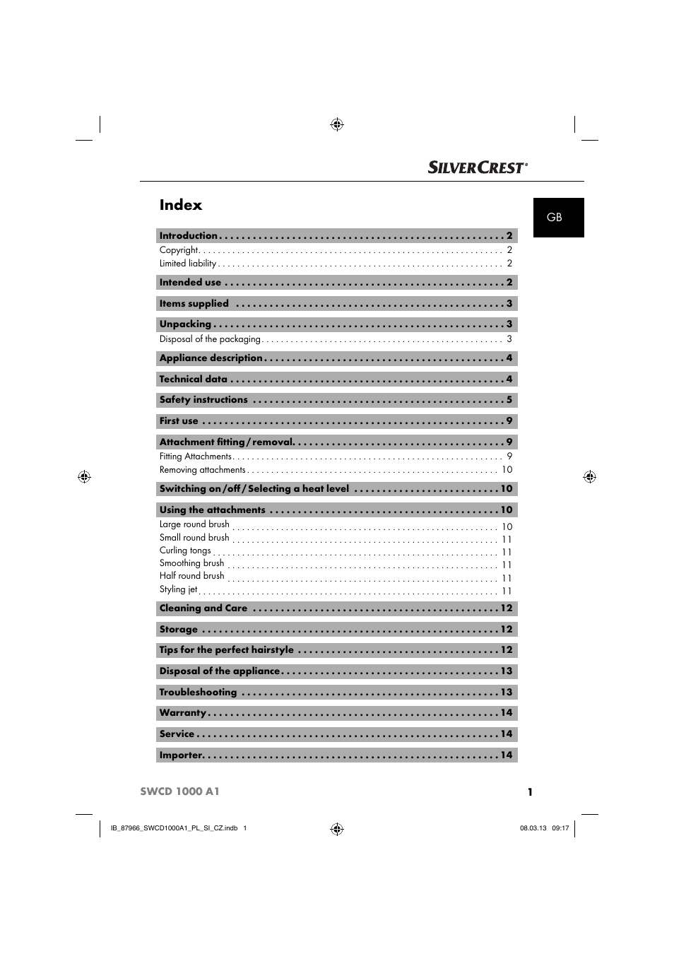 Index | Silvercrest SWCD 1000 A1 User Manual | Page 4 / 76