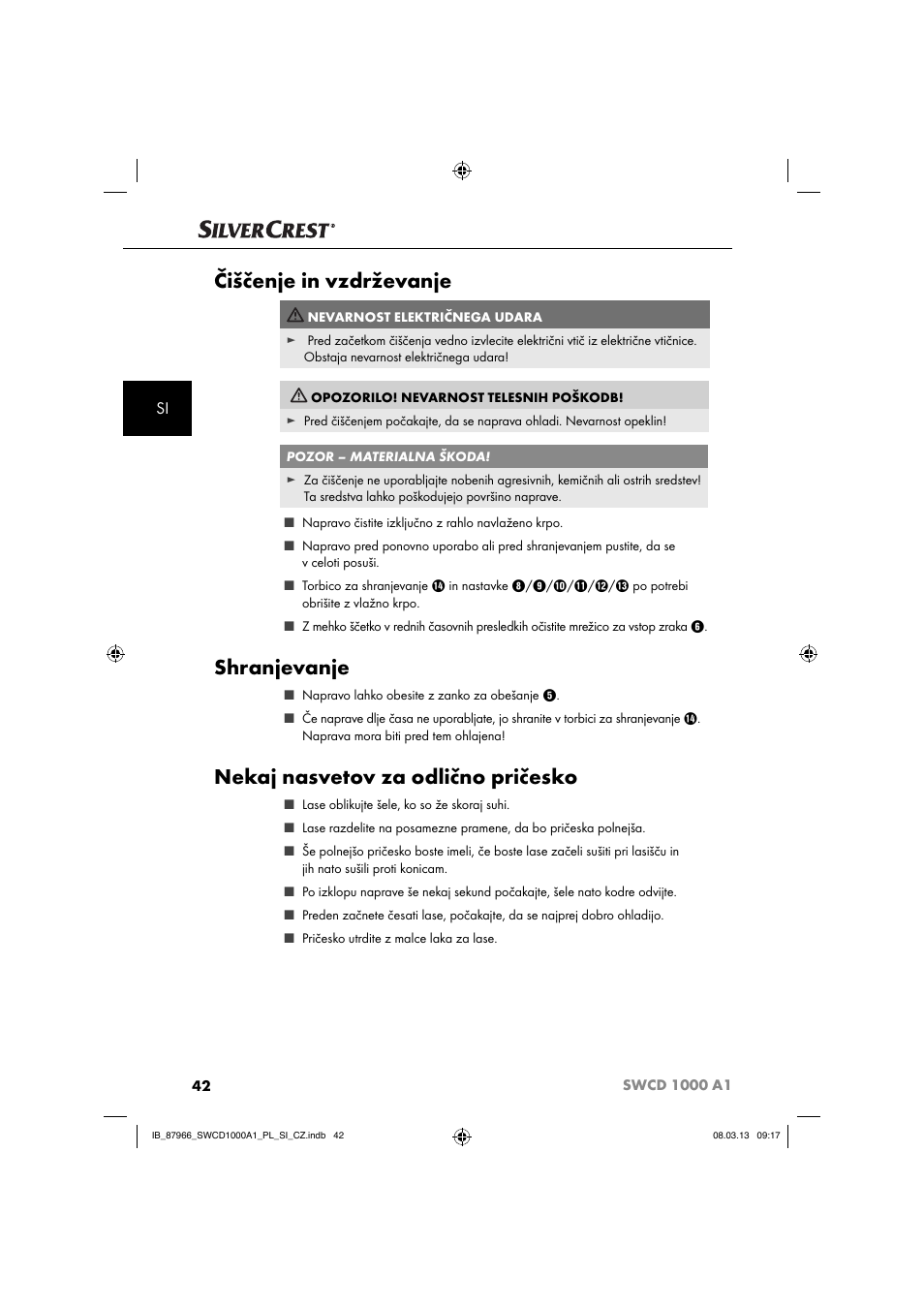 Čiščenje in vzdrževanje, Shranjevanje, Nekaj nasvetov za odlično pričesko | Silvercrest SWCD 1000 A1 User Manual | Page 45 / 76