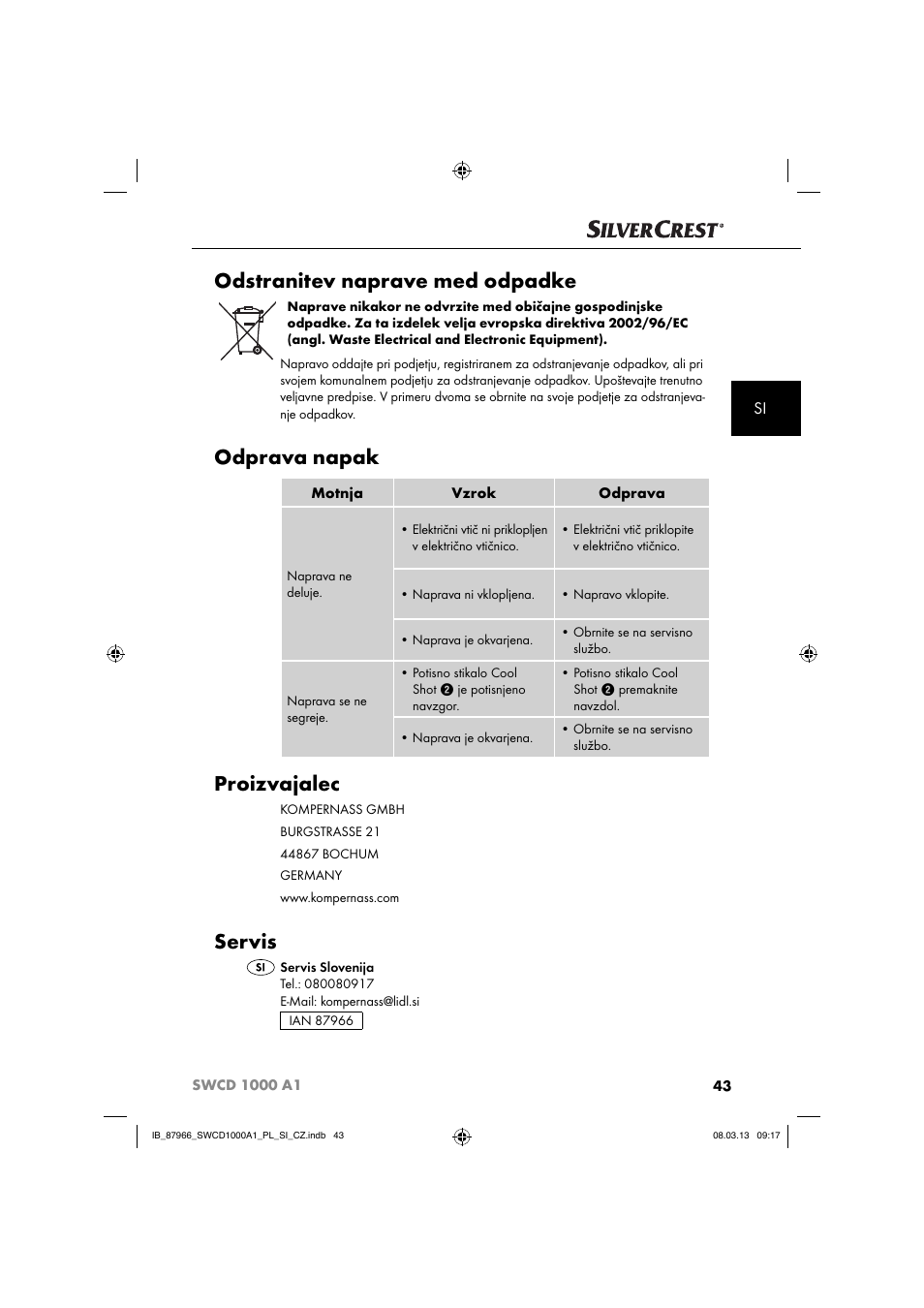 Odstranitev naprave med odpadke, Odprava napak, Proizvajalec | Servis | Silvercrest SWCD 1000 A1 User Manual | Page 46 / 76