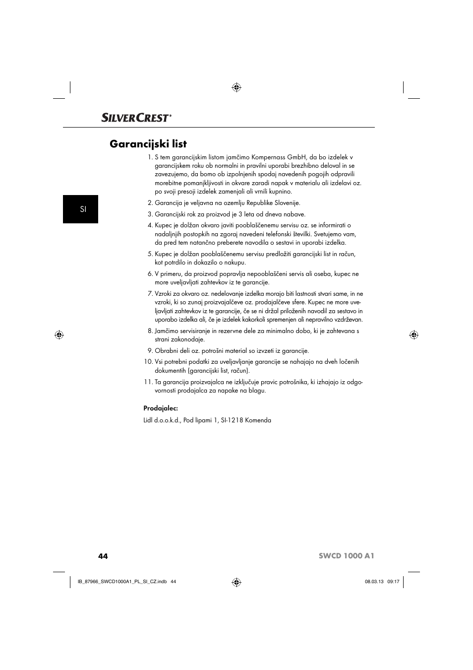 Garancijski list | Silvercrest SWCD 1000 A1 User Manual | Page 47 / 76