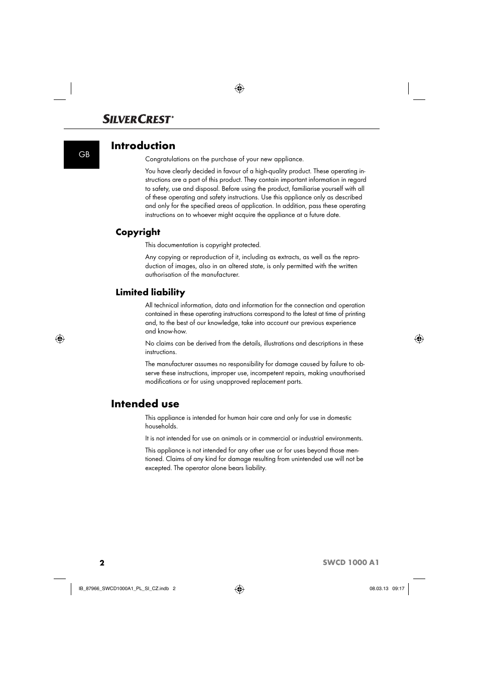 Introduction, Intended use, Copyright | Limited liability | Silvercrest SWCD 1000 A1 User Manual | Page 5 / 76