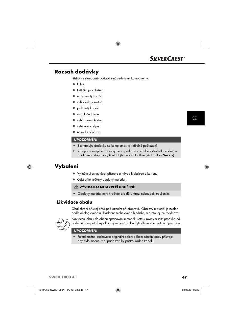 Rozsah dodávky, Vybalení, Likvidace obalu | Silvercrest SWCD 1000 A1 User Manual | Page 50 / 76