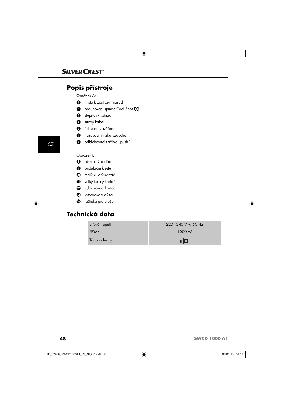 Popis přístroje, Technická data | Silvercrest SWCD 1000 A1 User Manual | Page 51 / 76