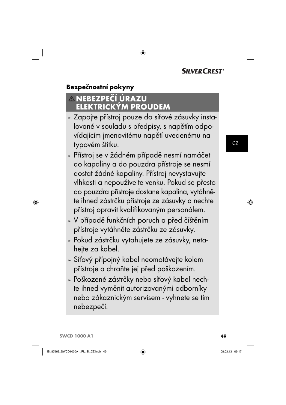 Nebezpečí úrazu elektrickým proudem, Bezpečnostní pokyny | Silvercrest SWCD 1000 A1 User Manual | Page 52 / 76