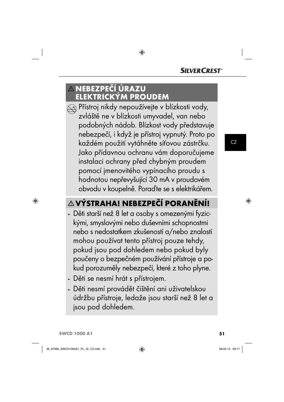 Výstraha! nebezpečí poranění, Děti se nesmí hrát s přístrojem | Silvercrest SWCD 1000 A1 User Manual | Page 54 / 76