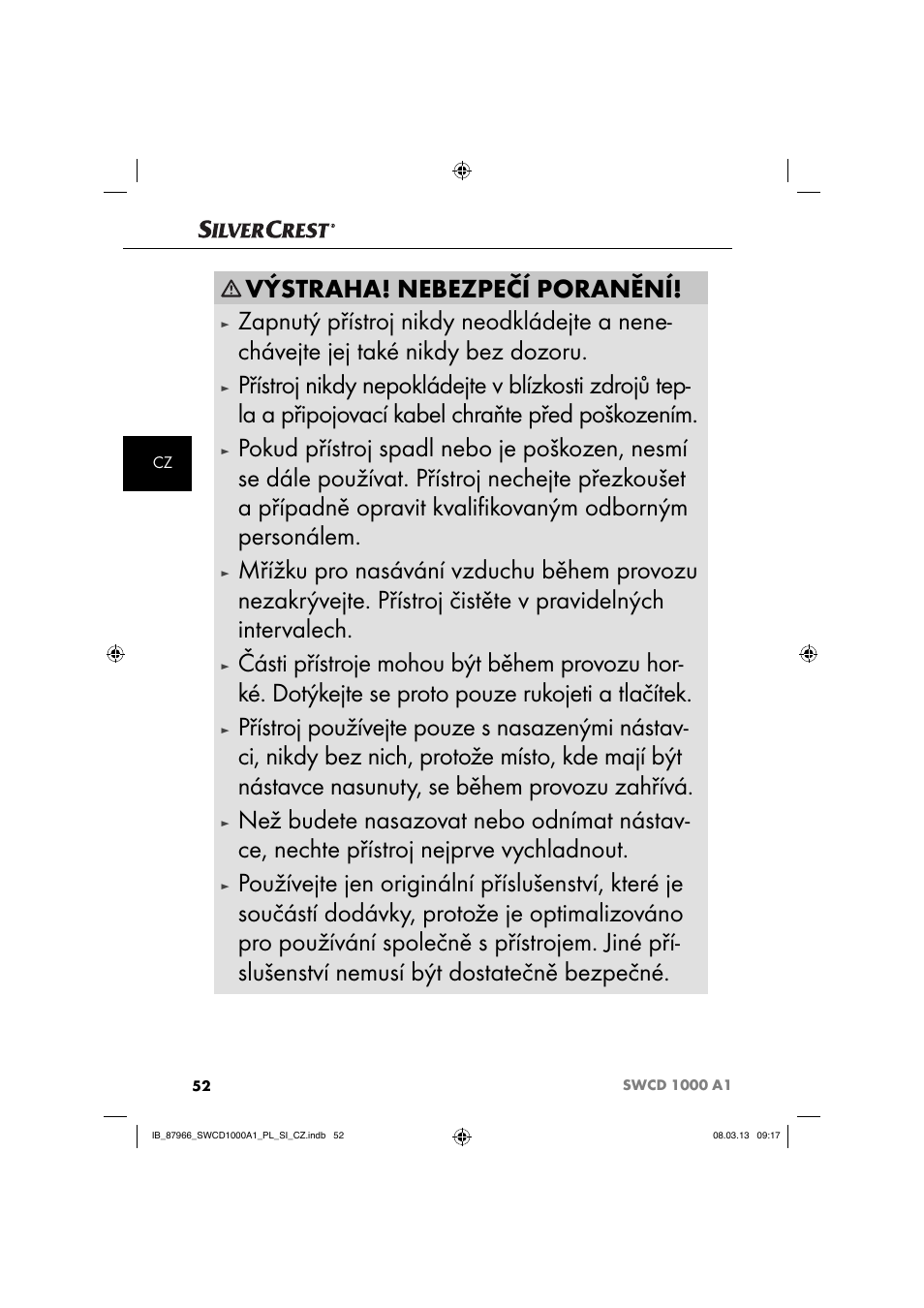 Výstraha! nebezpečí poranění | Silvercrest SWCD 1000 A1 User Manual | Page 55 / 76