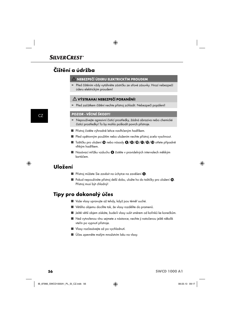 Čištění a údržba, Uložení, Tipy pro dokonalý účes | Silvercrest SWCD 1000 A1 User Manual | Page 59 / 76