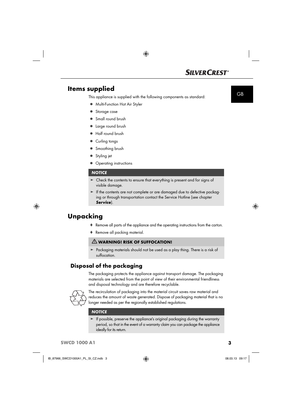 Items supplied, Unpacking, Disposal of the packaging | Silvercrest SWCD 1000 A1 User Manual | Page 6 / 76