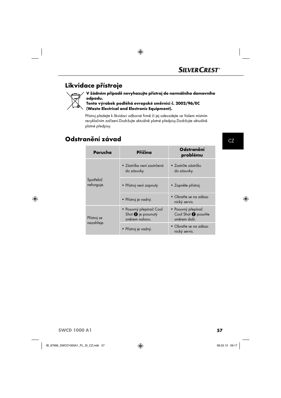 Likvidace přístroje, Odstranění závad | Silvercrest SWCD 1000 A1 User Manual | Page 60 / 76