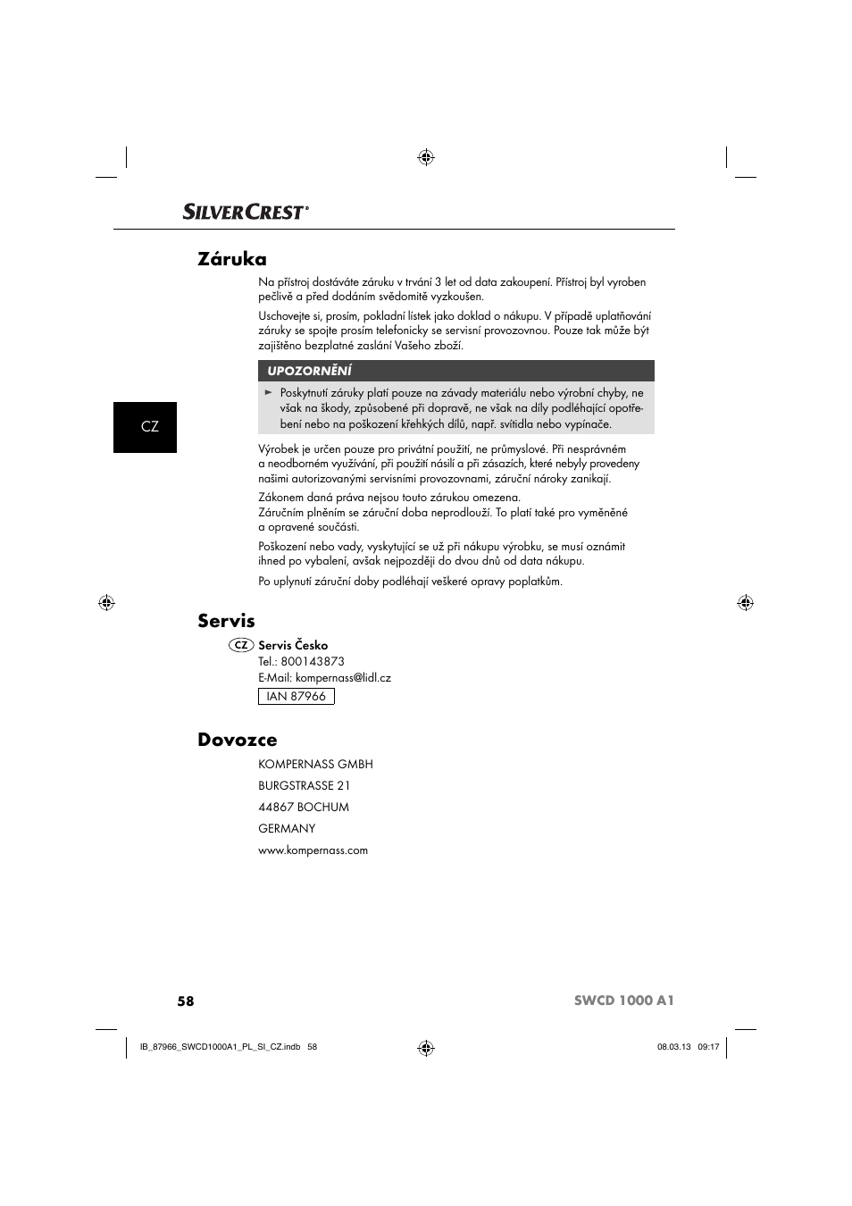 Záruka, Servis, Dovozce | Silvercrest SWCD 1000 A1 User Manual | Page 61 / 76
