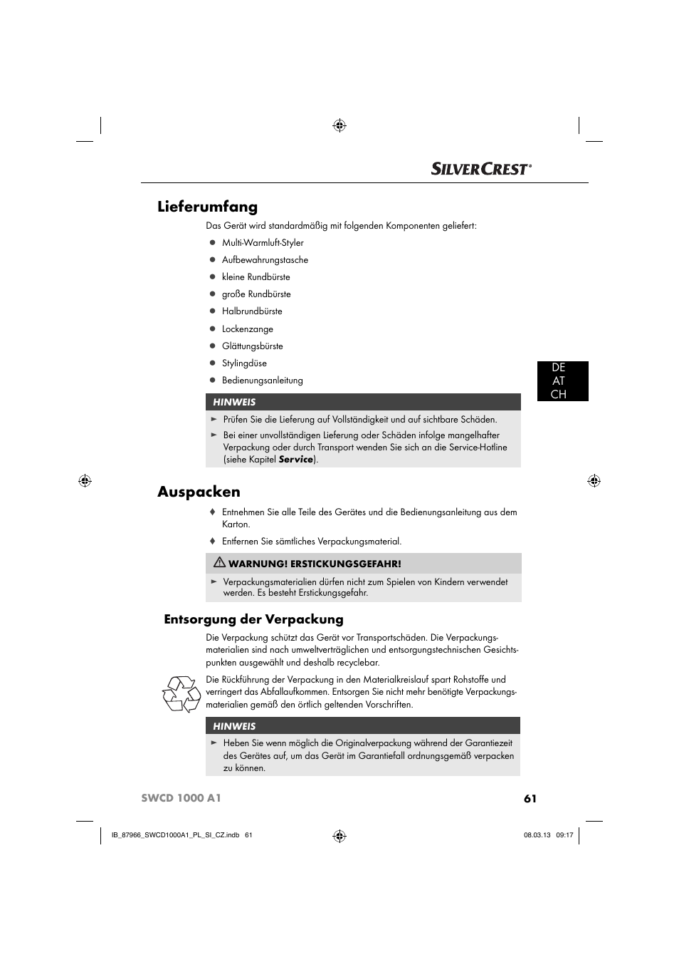 Lieferumfang, Auspacken, Entsorgung der verpackung | De at ch | Silvercrest SWCD 1000 A1 User Manual | Page 64 / 76