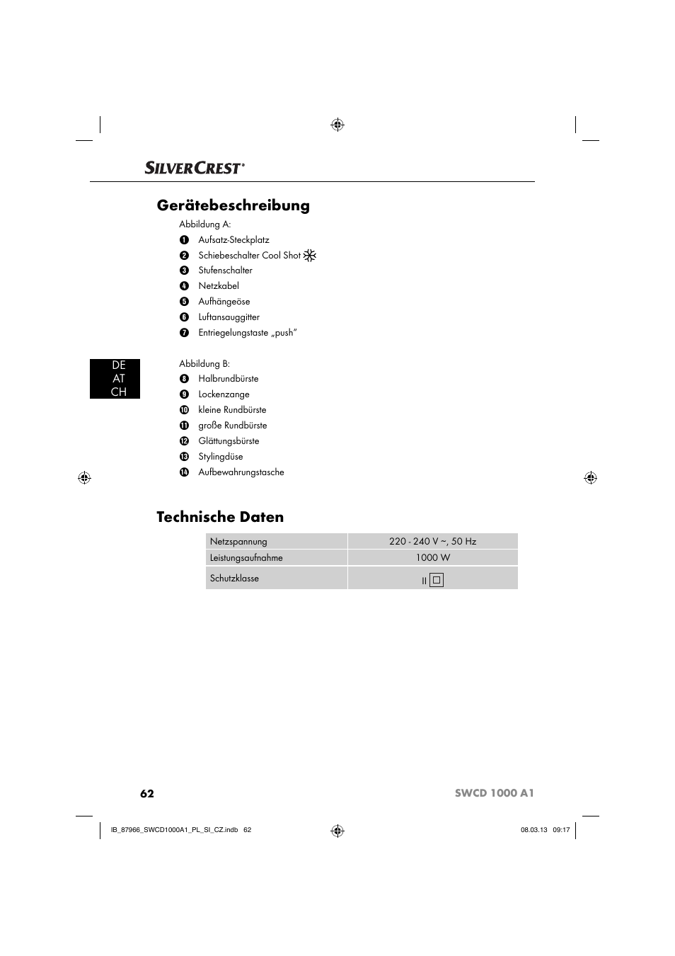 Gerätebeschreibung, Technische daten, De at ch | Silvercrest SWCD 1000 A1 User Manual | Page 65 / 76