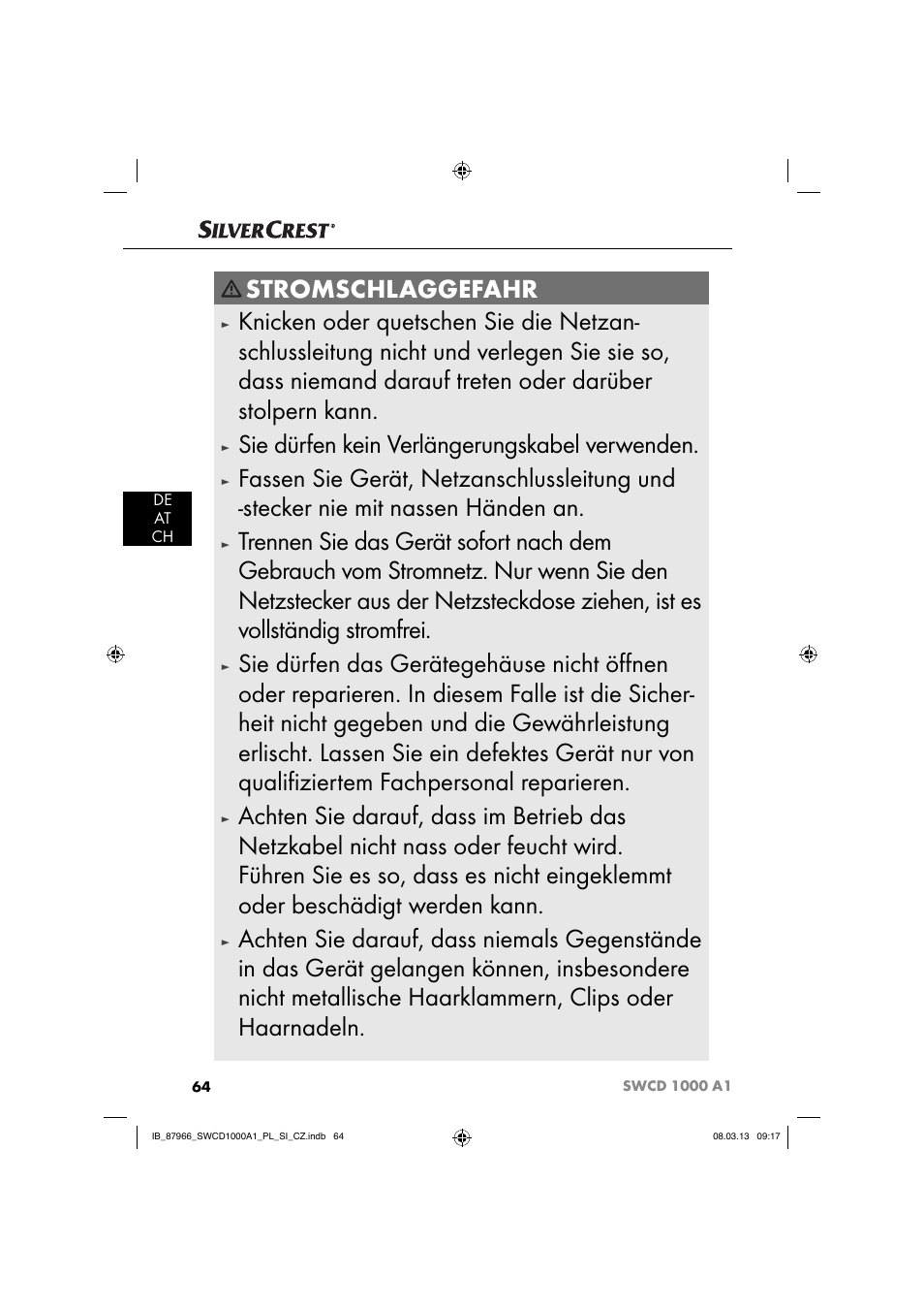 Stromschlaggefahr, Sie dürfen kein verlängerungskabel verwenden | Silvercrest SWCD 1000 A1 User Manual | Page 67 / 76
