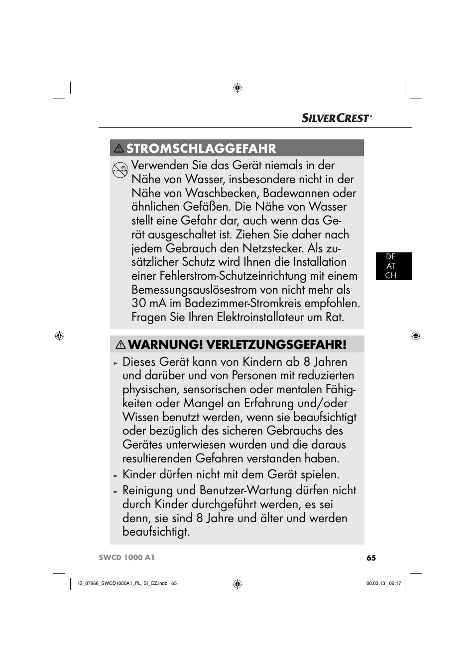 Warnung! verletzungsgefahr, Kinder dürfen nicht mit dem gerät spielen | Silvercrest SWCD 1000 A1 User Manual | Page 68 / 76