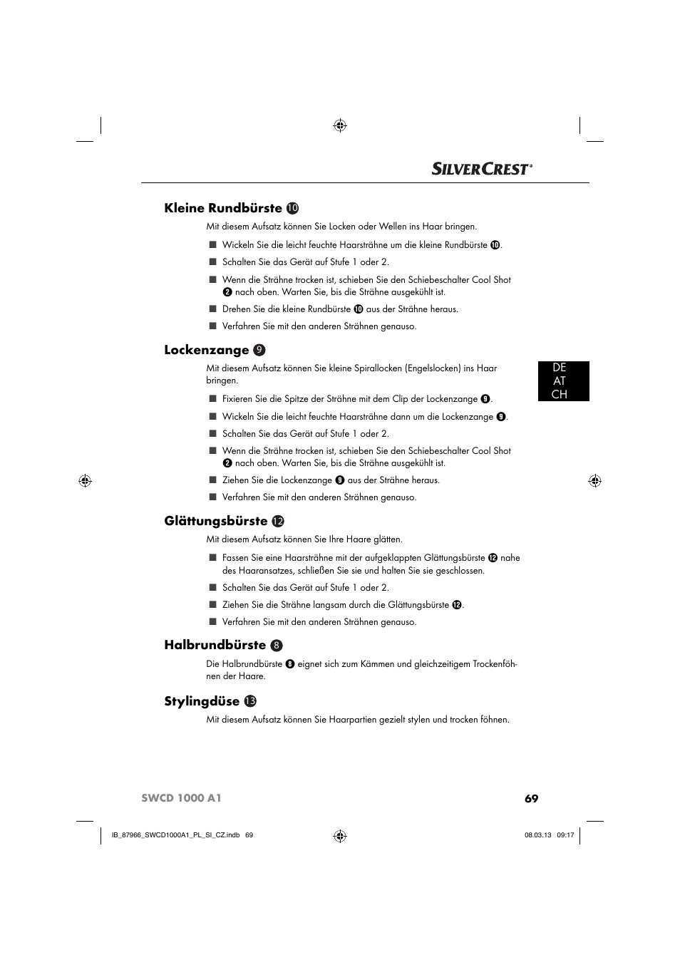 Kleine rundbürste, Lockenzange, Glättungsbürste | Halbrundbürste, Stylingdüse, De at ch | Silvercrest SWCD 1000 A1 User Manual | Page 72 / 76