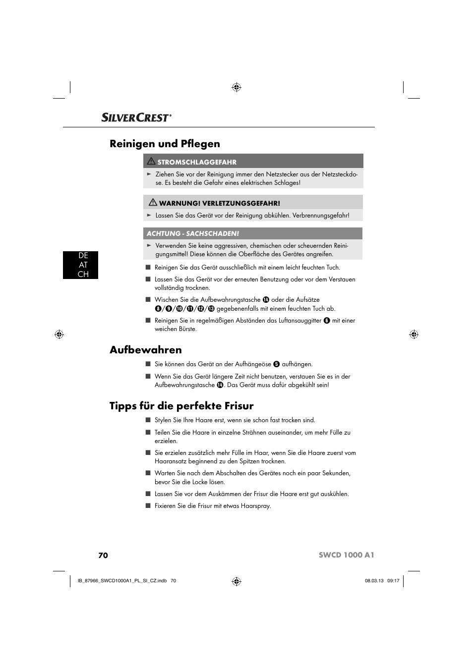 Reinigen und pﬂ egen, Aufbewahren, Tipps für die perfekte frisur | De at ch | Silvercrest SWCD 1000 A1 User Manual | Page 73 / 76
