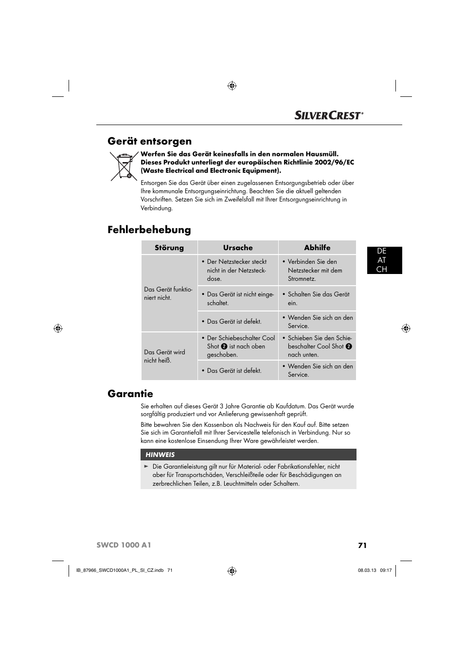 Gerät entsorgen, Fehlerbehebung, Garantie | De at ch | Silvercrest SWCD 1000 A1 User Manual | Page 74 / 76