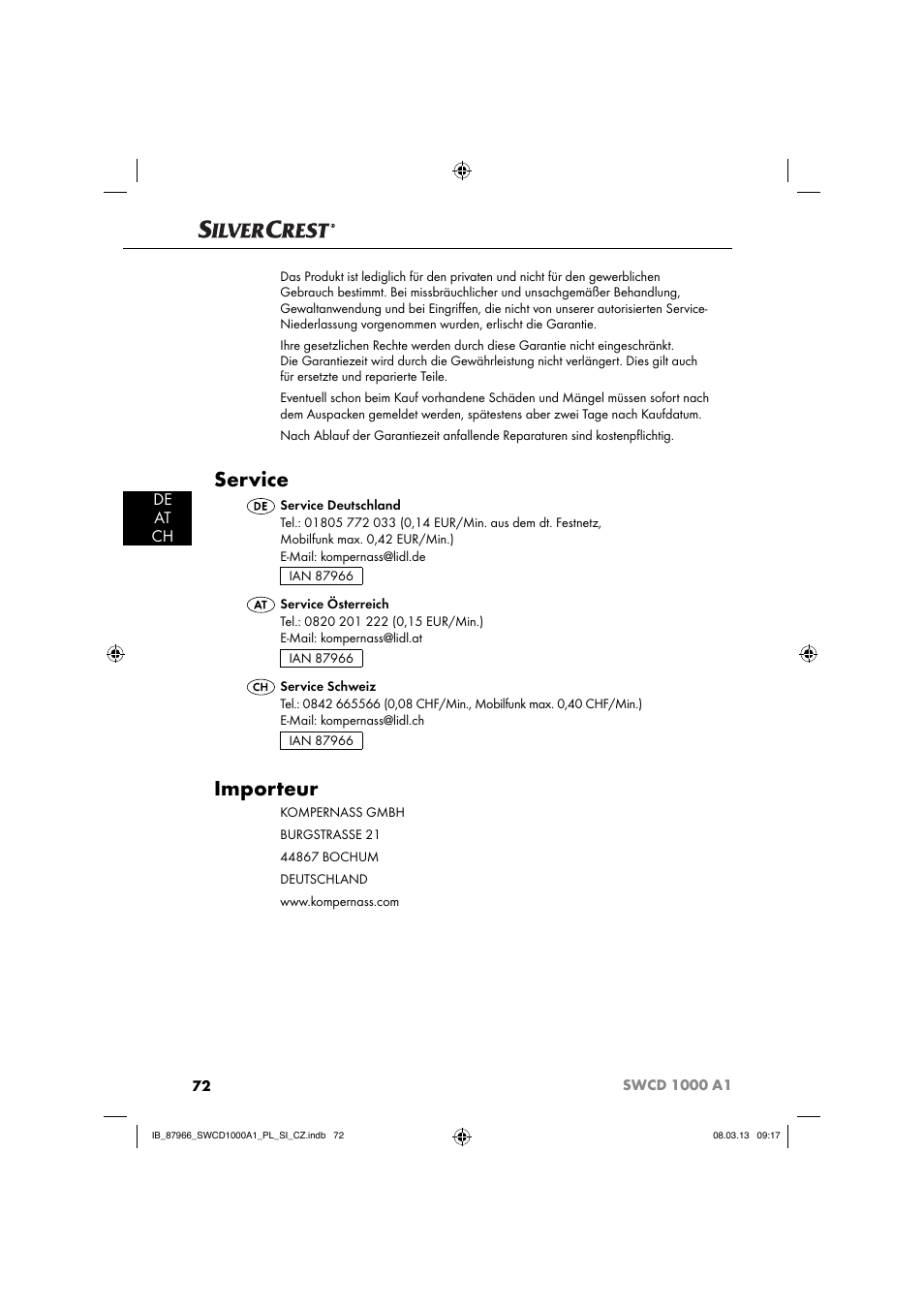 Service, Importeur, De at ch | Silvercrest SWCD 1000 A1 User Manual | Page 75 / 76