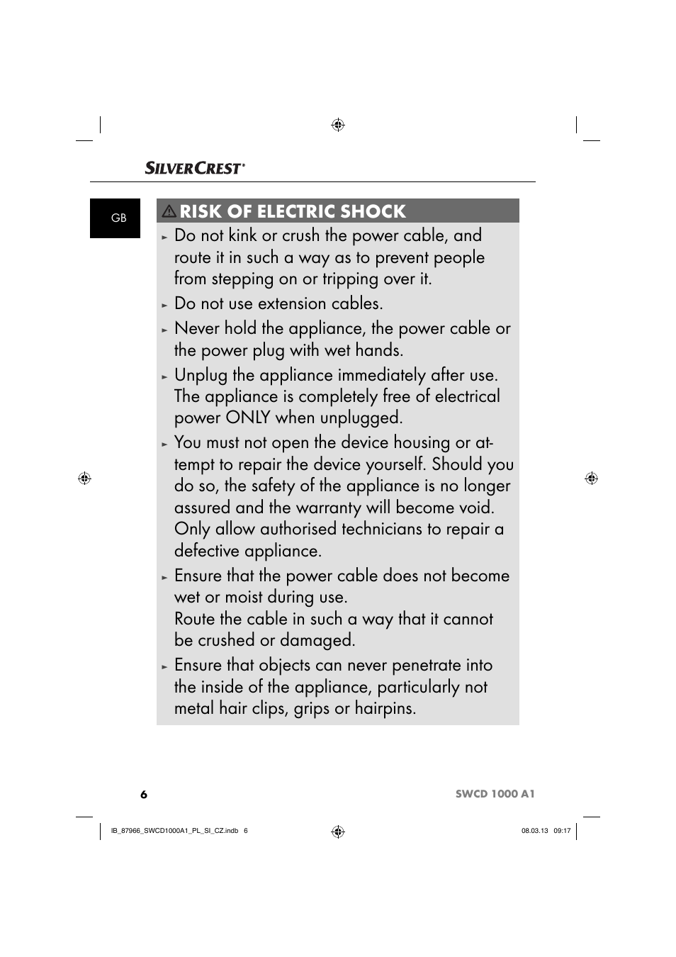 Risk of electric shock, Do not use extension cables | Silvercrest SWCD 1000 A1 User Manual | Page 9 / 76