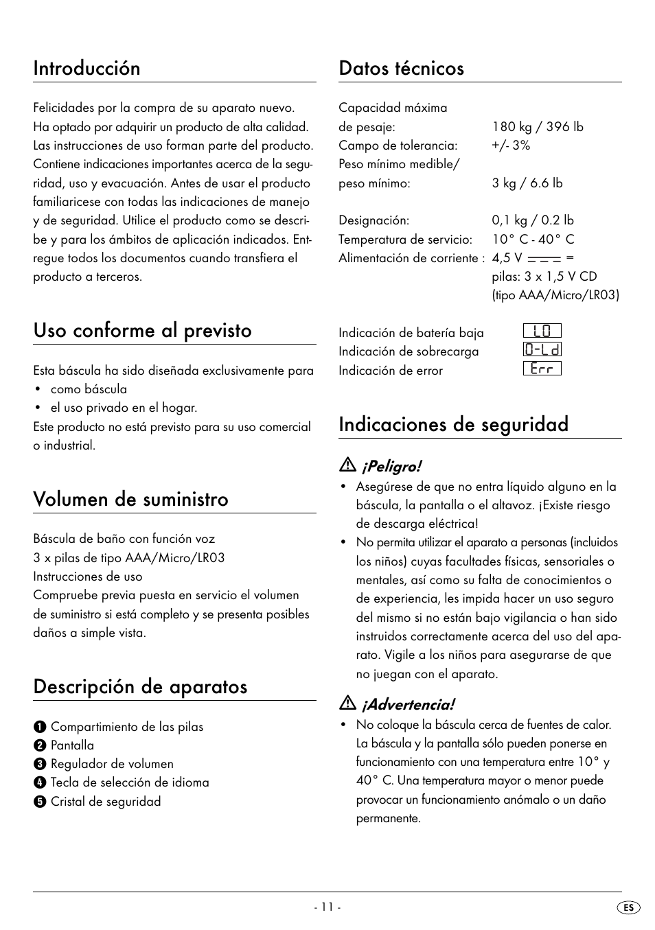 Introducción, Uso conforme al previsto, Volumen de suministro | Descripción de aparatos, Datos técnicos, Indicaciones de seguridad | Silvercrest SPWS 180 A1 User Manual | Page 13 / 42