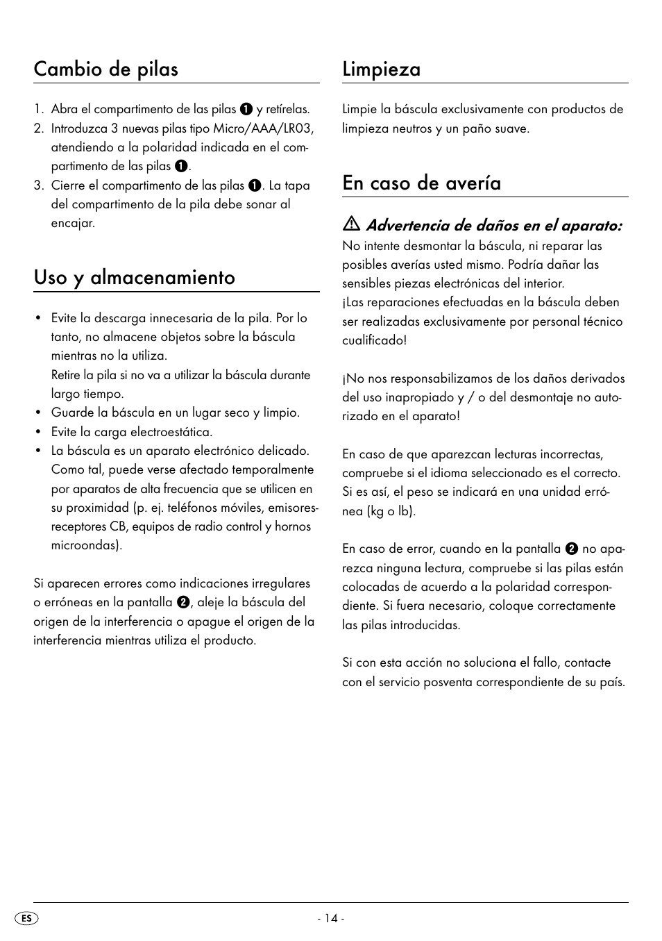 Cambio de pilas, Uso y almacenamiento, Limpieza | En caso de avería | Silvercrest SPWS 180 A1 User Manual | Page 16 / 42