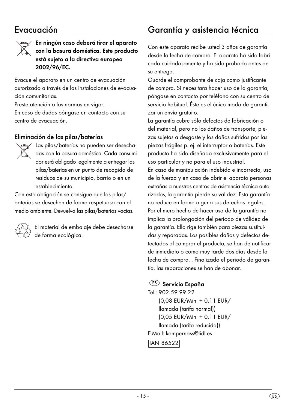 Evacuación, Garantía y asistencia técnica | Silvercrest SPWS 180 A1 User Manual | Page 17 / 42