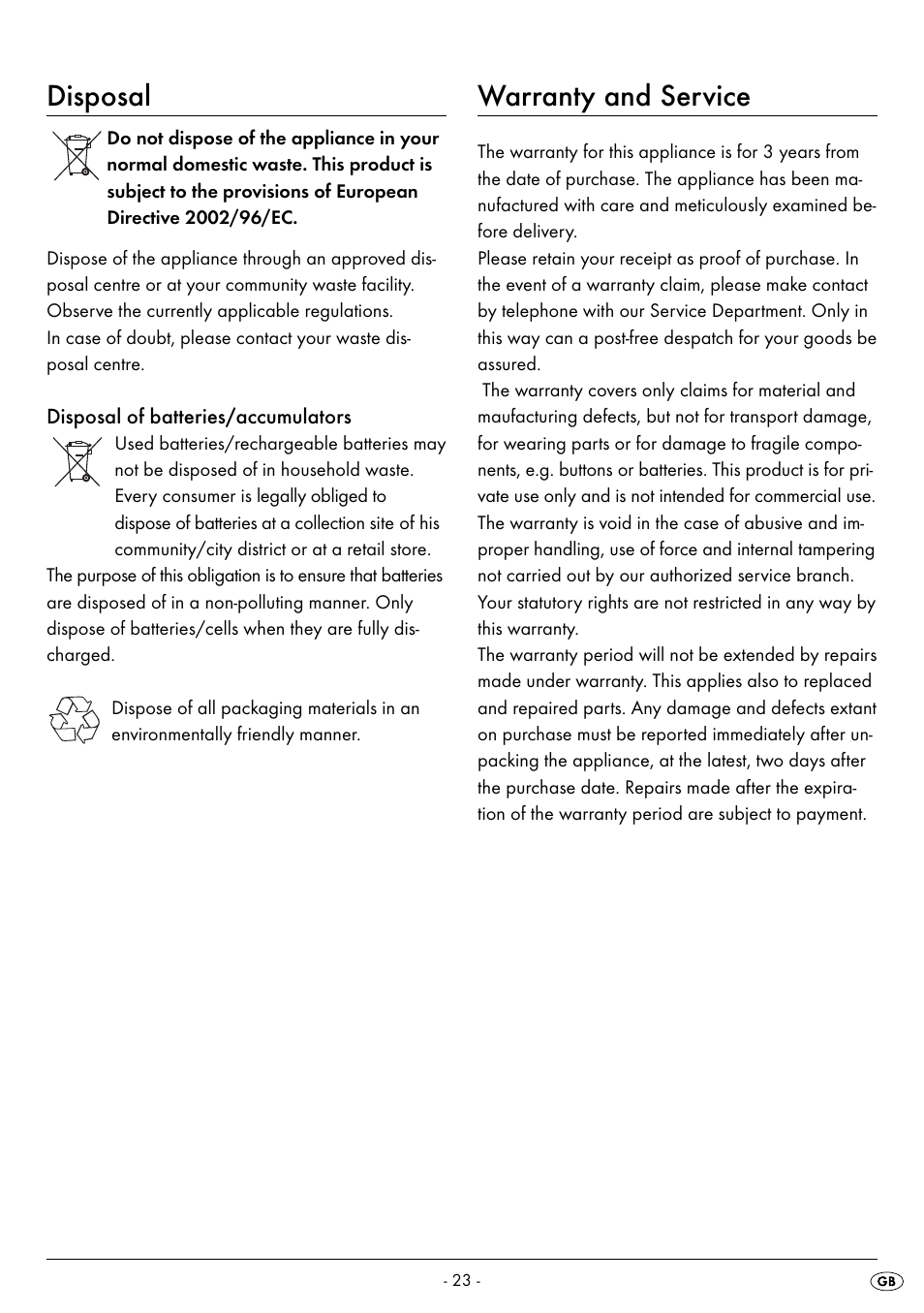 Disposal, Warranty and service | Silvercrest SPWS 180 A1 User Manual | Page 25 / 42