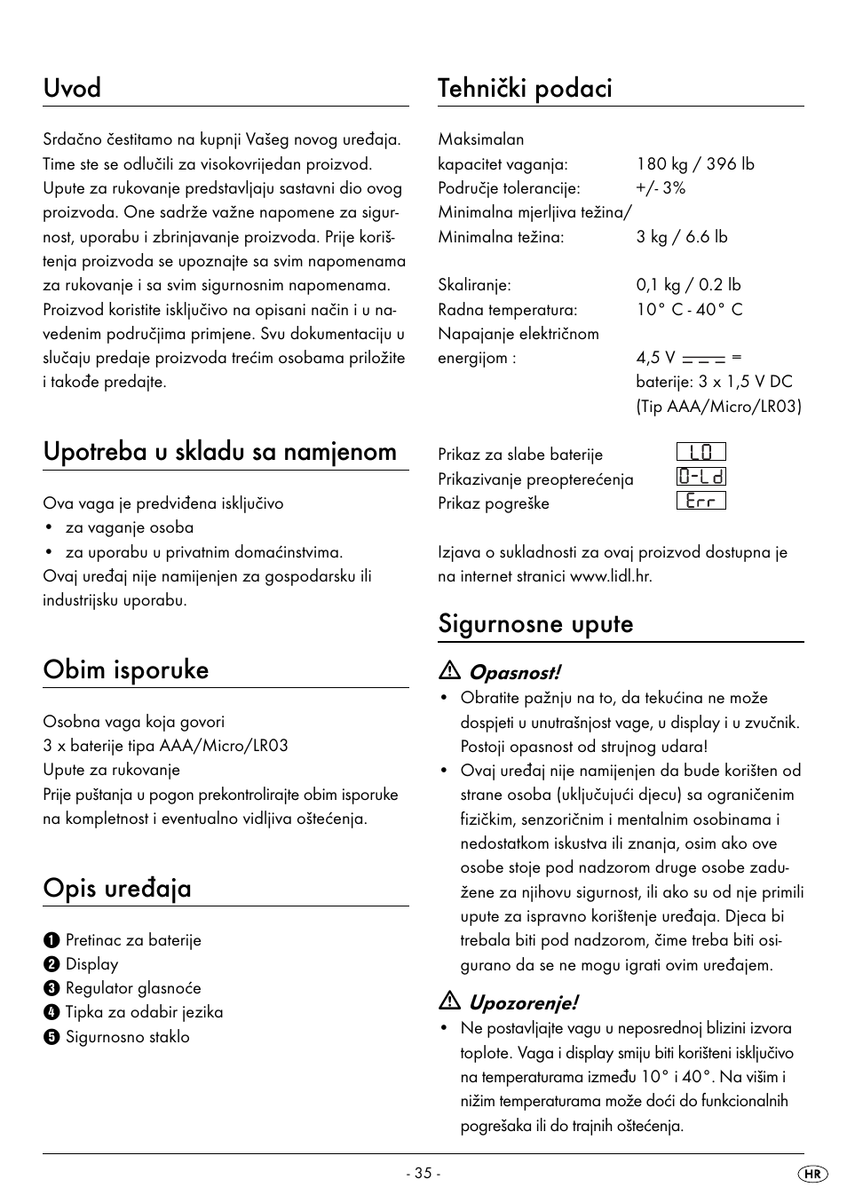 Uvod, Upotreba u skladu sa namjenom, Obim isporuke | Opis uređaja, Tehnički podaci, Sigurnosne upute | Silvercrest SPWS 180 A1 User Manual | Page 37 / 42