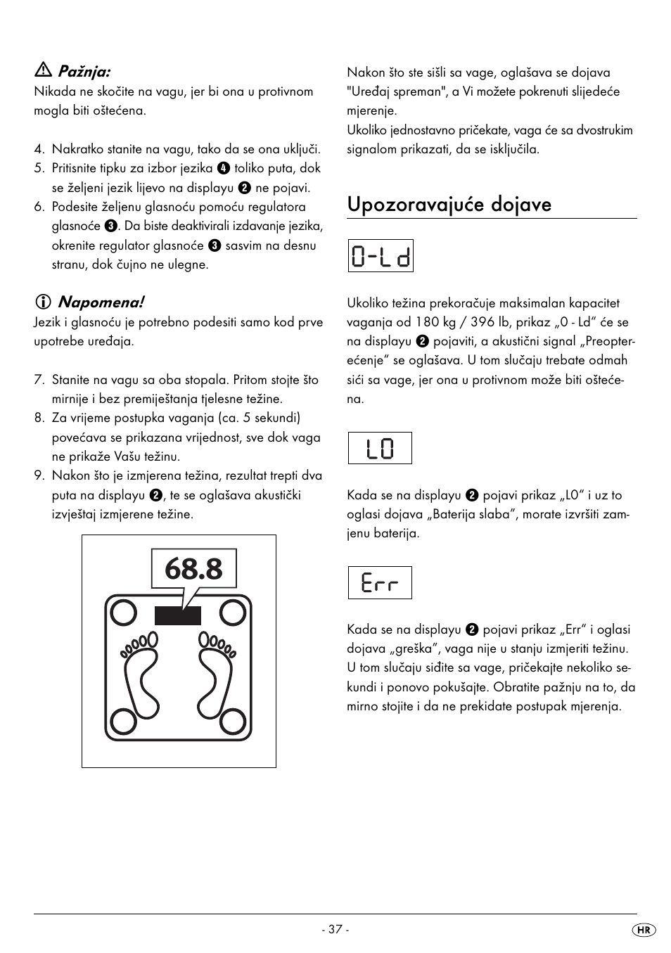 Upozoravajuće dojave, Pažnja, Napomena | Silvercrest SPWS 180 A1 User Manual | Page 39 / 42