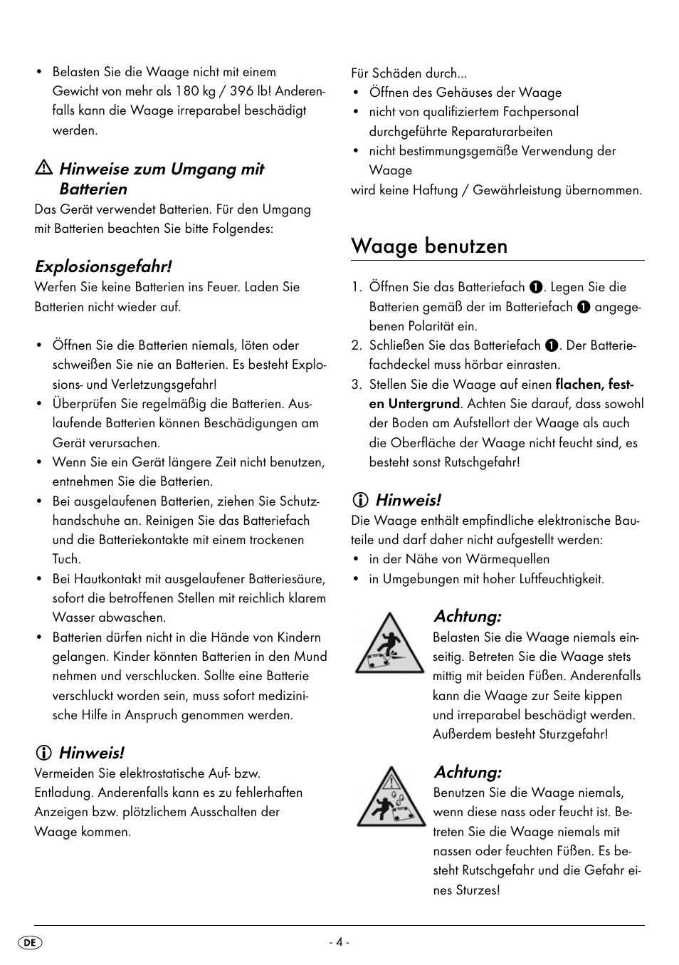 Waage benutzen, Hinweise zum umgang mit batterien, Explosionsgefahr | Hinweis, Achtung | Silvercrest SPWS 180 A1 User Manual | Page 6 / 42