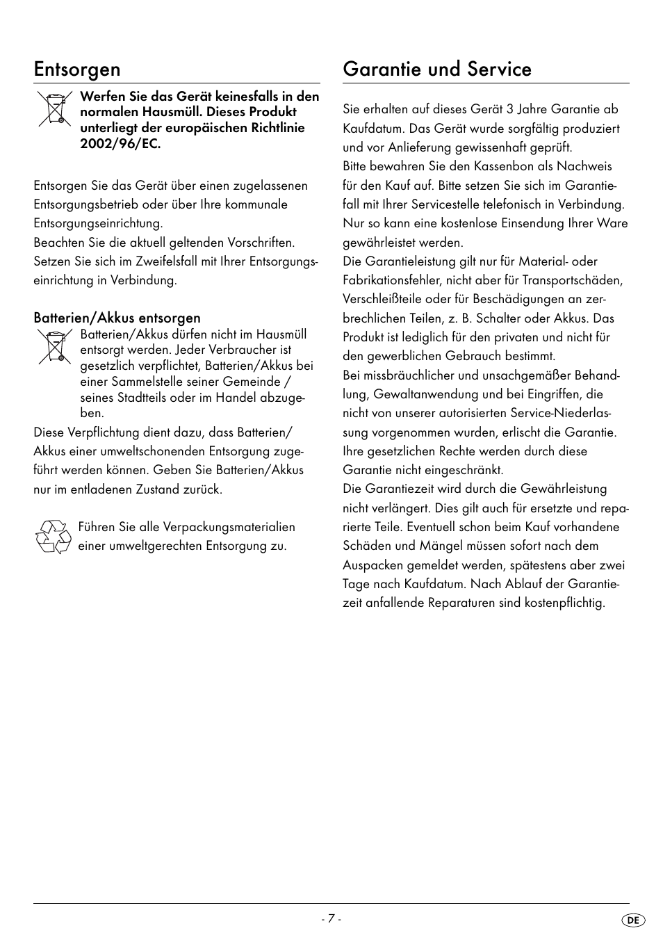 Entsorgen, Garantie und service | Silvercrest SPWS 180 A1 User Manual | Page 9 / 42