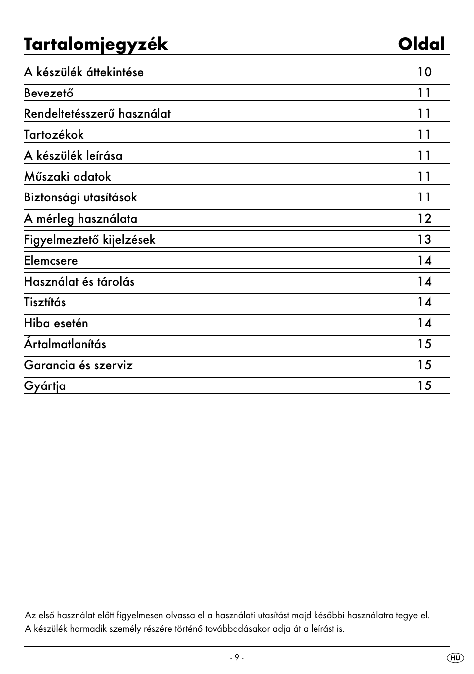 Tartalomjegyzék oldal | Silvercrest SPWS 180 A1 User Manual | Page 11 / 50