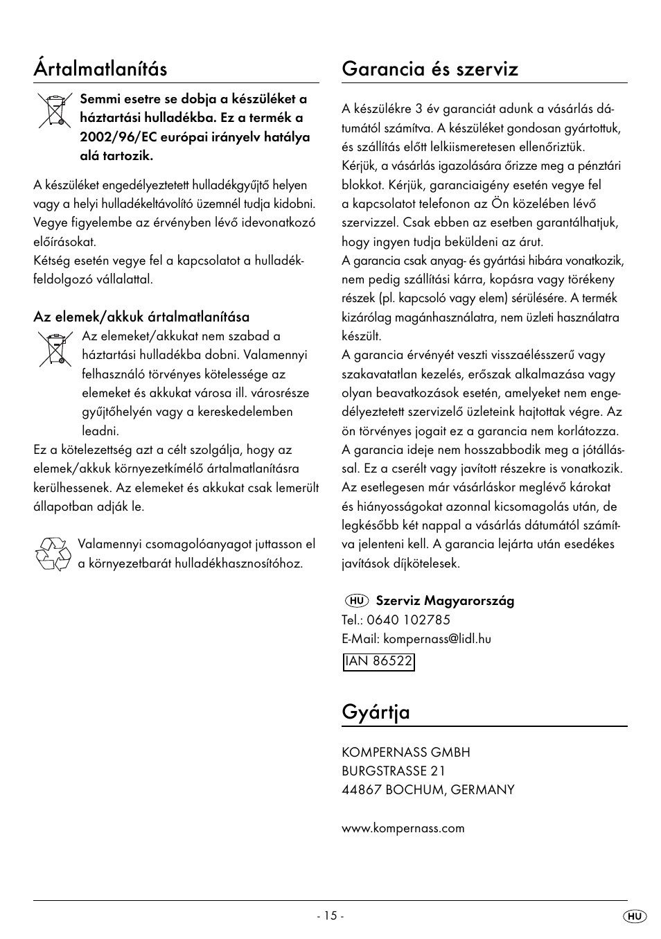 Ártalmatlanítás, Garancia és szerviz, Gyártja | Silvercrest SPWS 180 A1 User Manual | Page 17 / 50