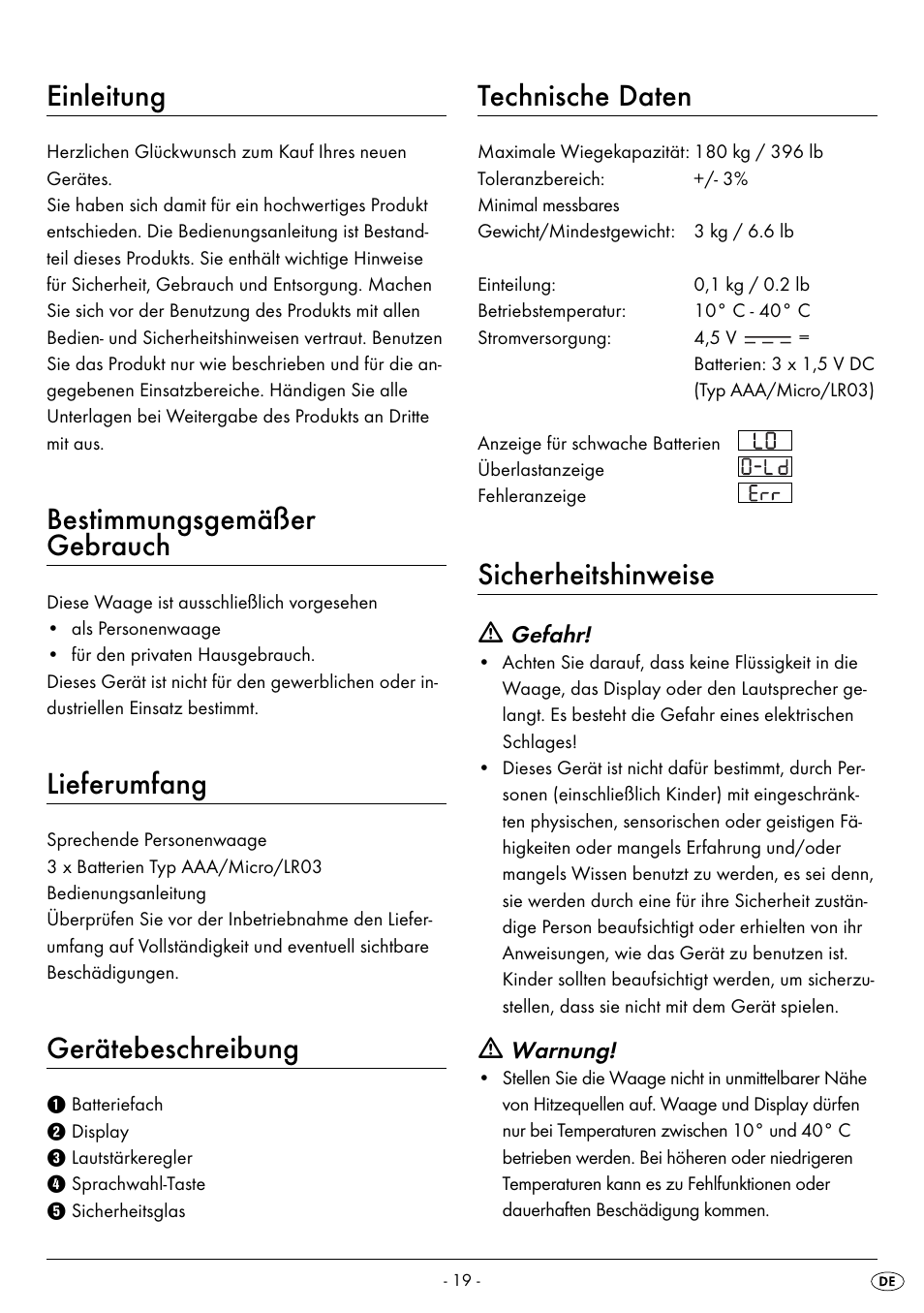 Einleitung, Bestimmungsgemäßer gebrauch, Lieferumfang | Gerätebeschreibung, Technische daten, Sicherheitshinweise | Silvercrest SPWS 180 A1 User Manual | Page 21 / 50