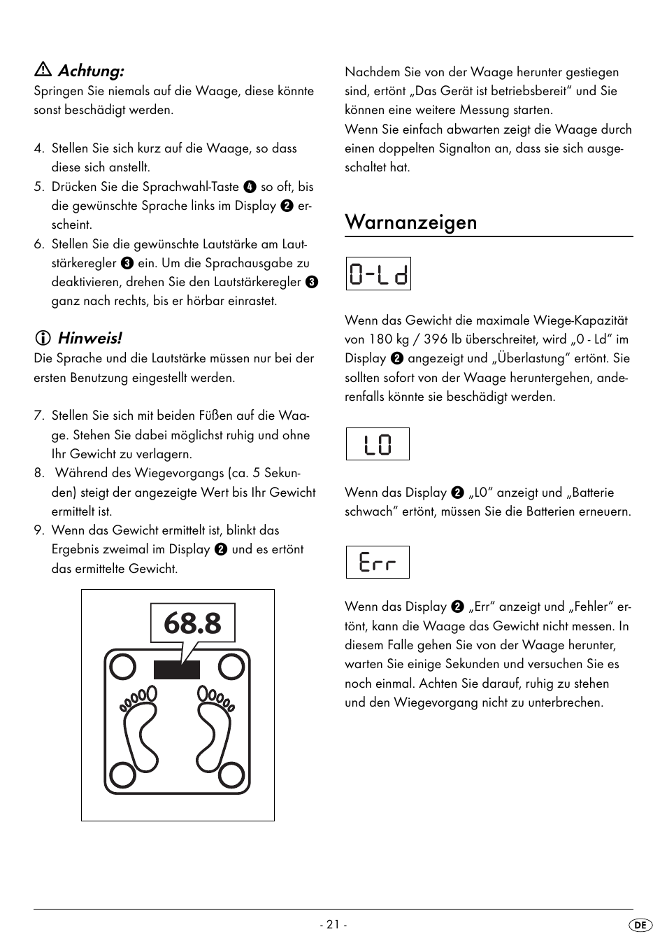 Warnanzeigen, Achtung, Hinweis | Silvercrest SPWS 180 A1 User Manual | Page 23 / 50