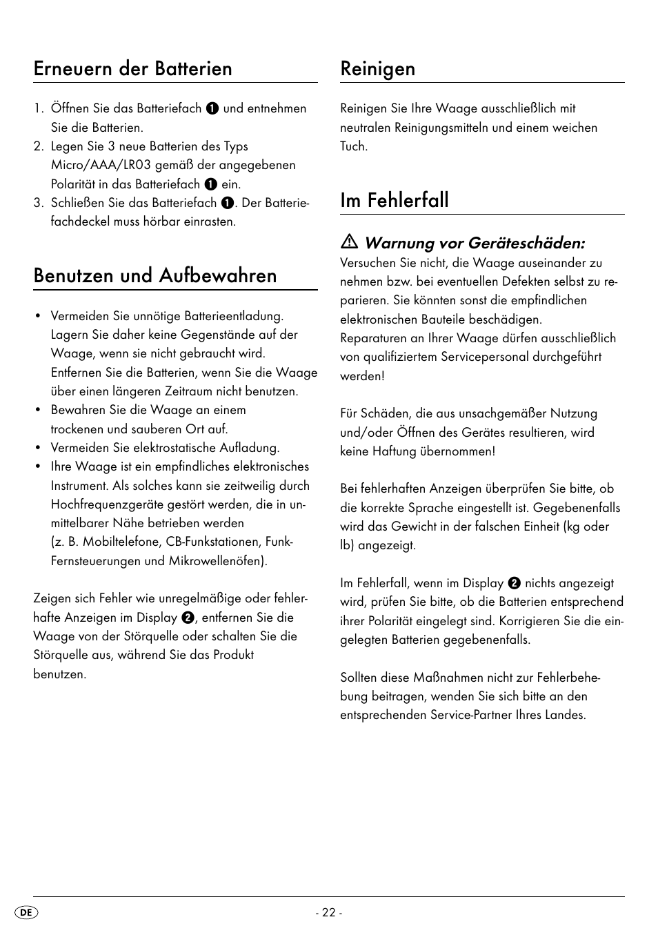 Erneuern der batterien, Benutzen und aufbewahren, Reinigen | Im fehlerfall | Silvercrest SPWS 180 A1 User Manual | Page 24 / 50