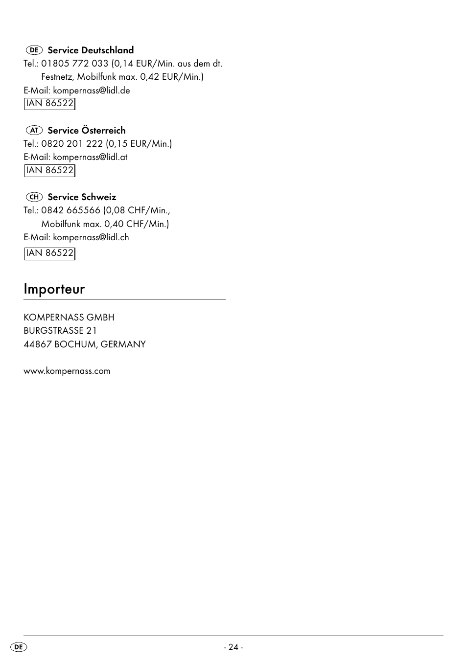 Importeur | Silvercrest SPWS 180 A1 User Manual | Page 26 / 50