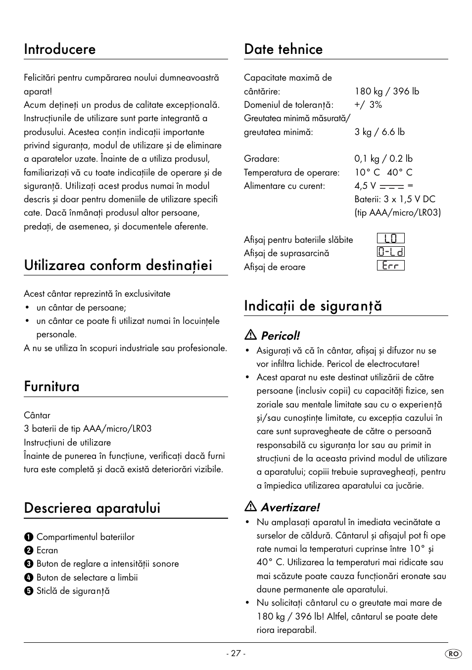 Introducere, Utilizarea conform destinaţiei, Furnitura | Descrierea aparatului, Date tehnice, Indicaţii de siguranţă | Silvercrest SPWS 180 A1 User Manual | Page 29 / 50